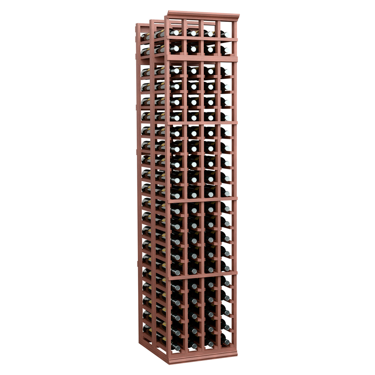 Tall wine bottle storage rack with lattice sides and multiple bottle rows, reddish brown finish