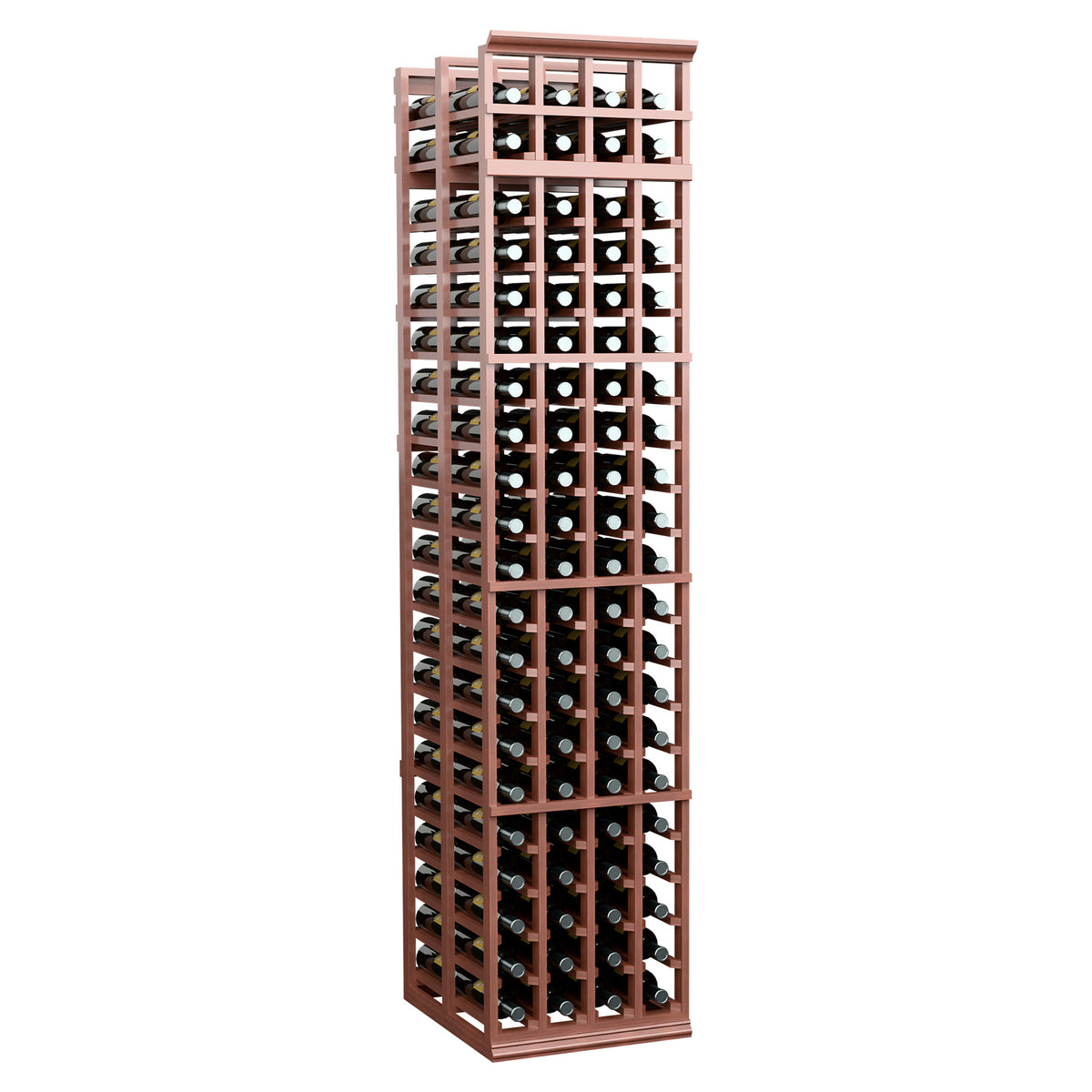 Tall wine bottle storage rack with grid lattice and bottle slots, warm brown wood finish