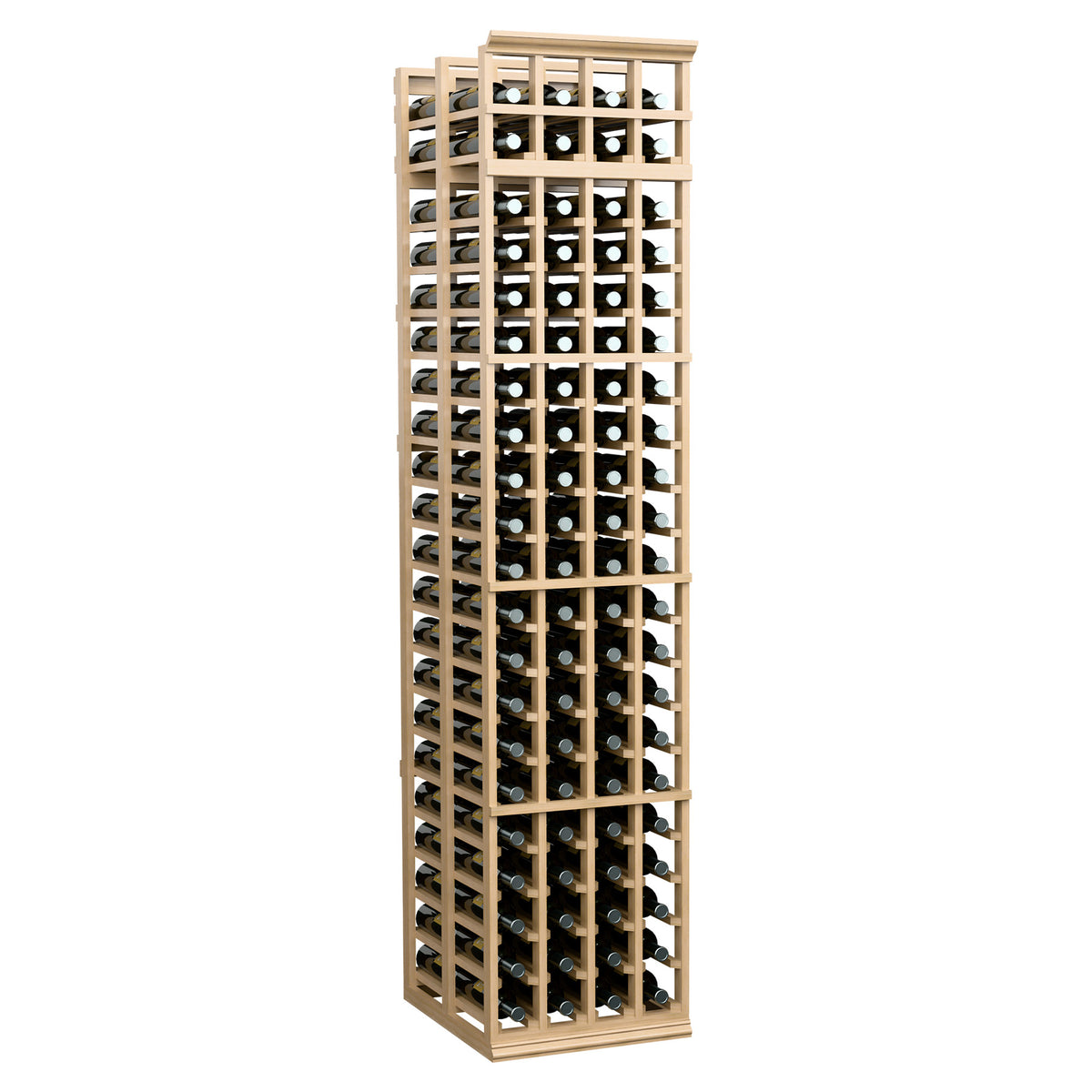 Tall wine bottle storage rack with lattice panel and rows of bottle slots, light tan wood finish