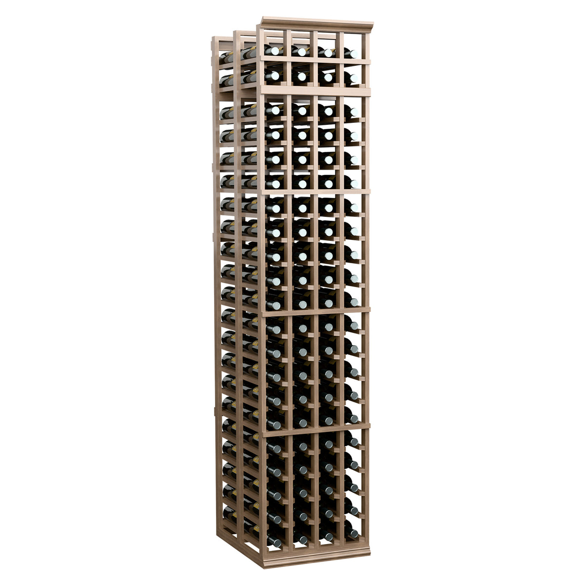 Tall wine bottle storage rack with lattice sides and bottle slots, medium light wood finish