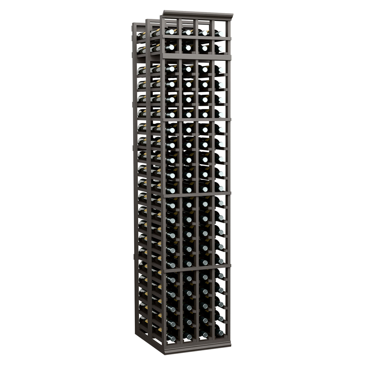 Tall wine bottle storage rack with lattice frame and bottle openings, dark charcoal finish