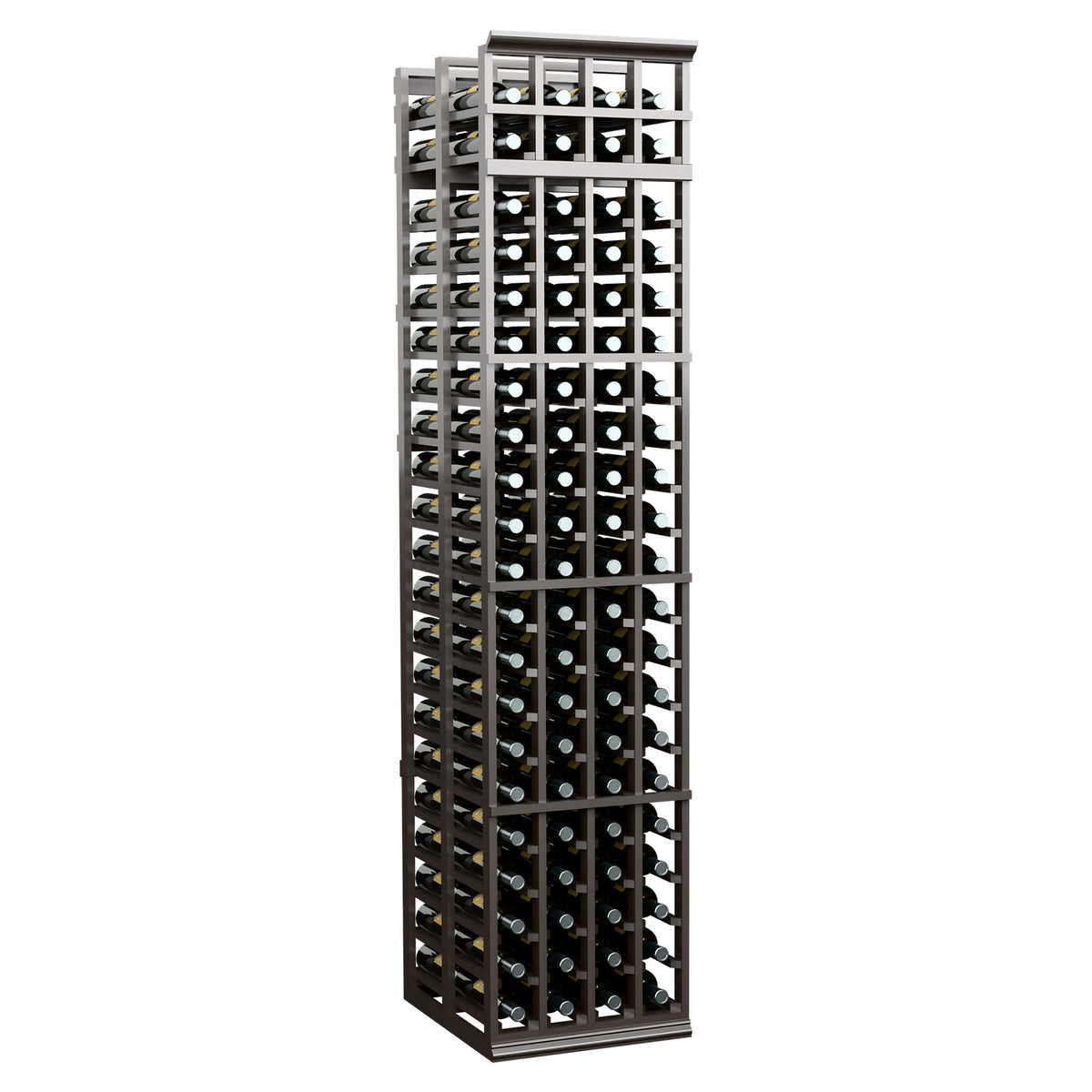 Tall wine bottle storage rack with lattice design and bottle slots, dark grey finish