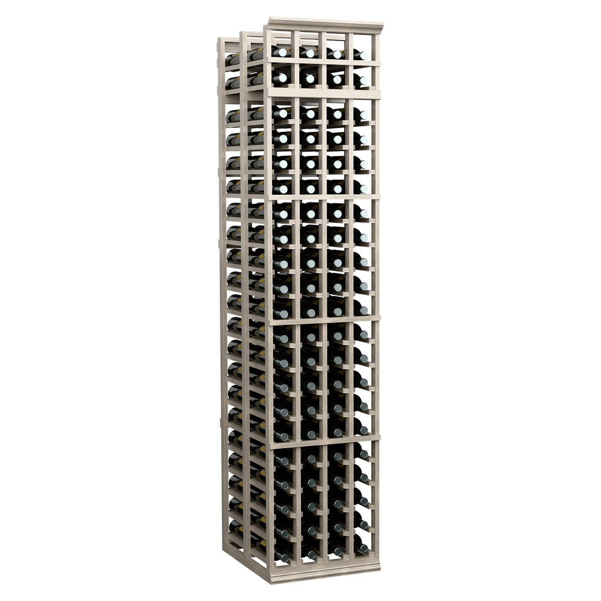 4-column double-deep wine bottle rack, 7 ft tall, light gray finish, bottle storage rows.