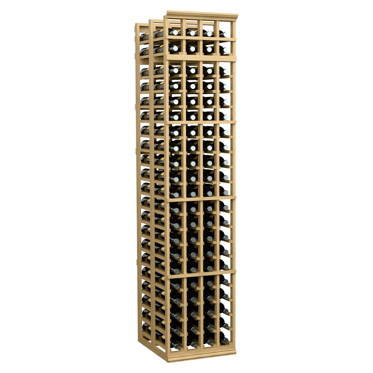 4-column double-deep wine bottle rack, 7 ft tall, light wood finish, holds wine bottles.