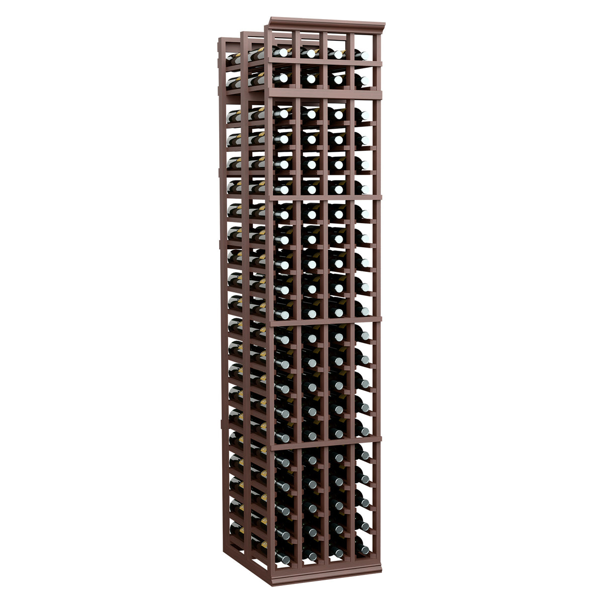 4-column double-deep wine bottle rack, 7 ft tall, dark brown finish, stores wine bottles.