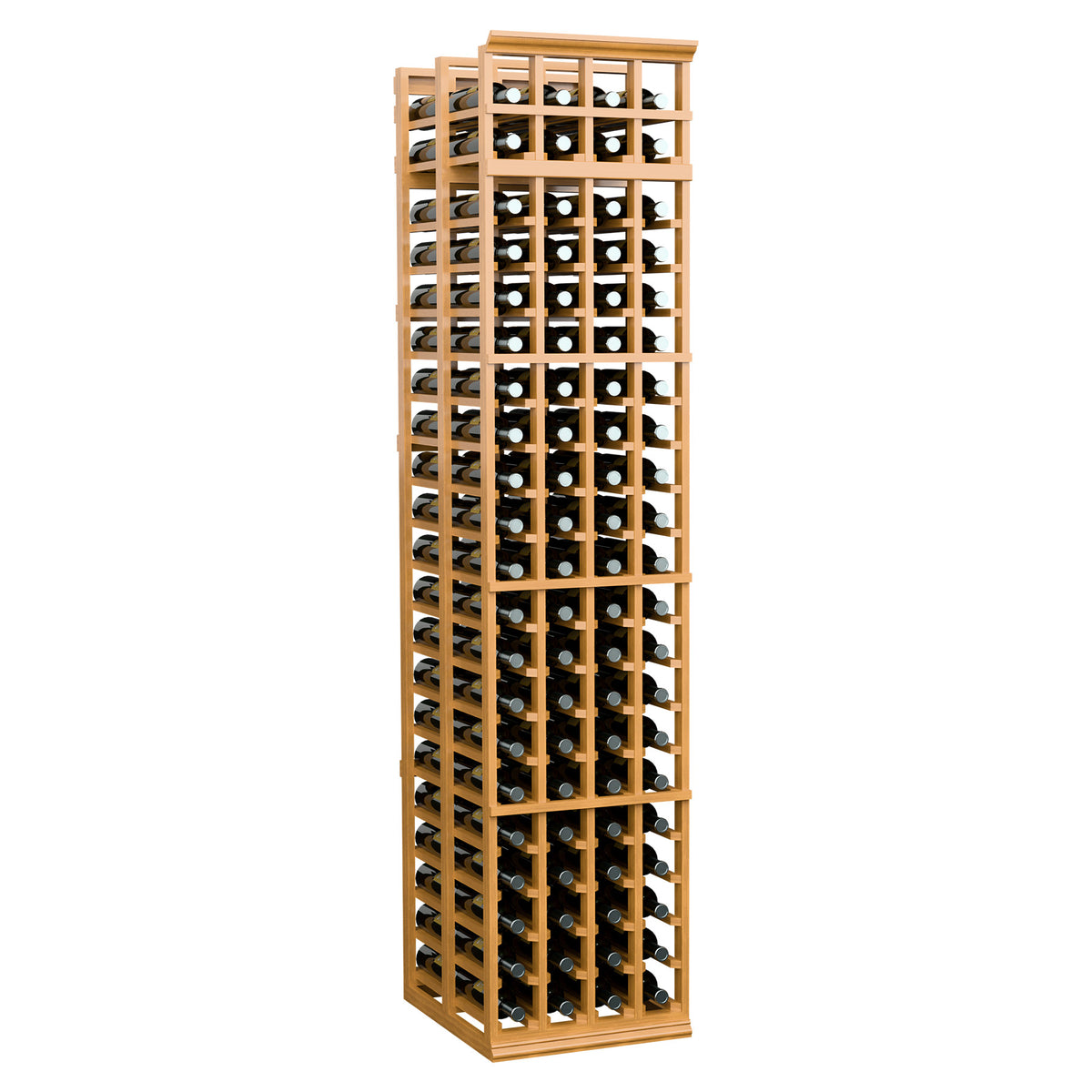 4-column double-deep wine bottle rack, 7 ft tall, warm wood finish, organized bottle slots.
