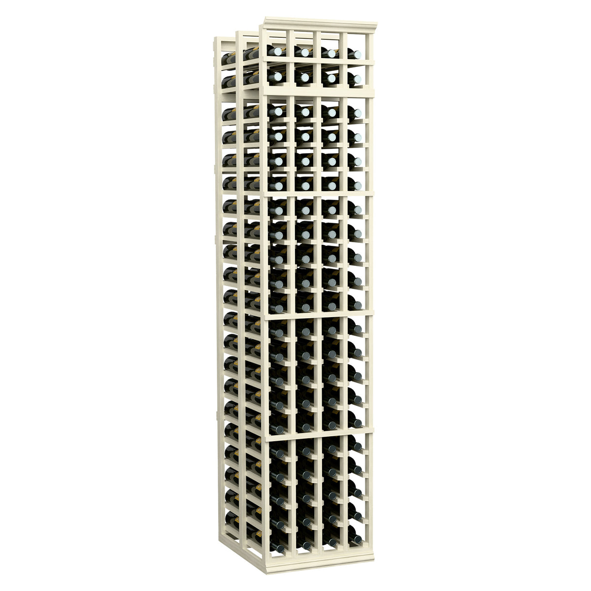 4-column double-deep wine bottle rack, 7 ft tall, very light finish, holds wine bottles.