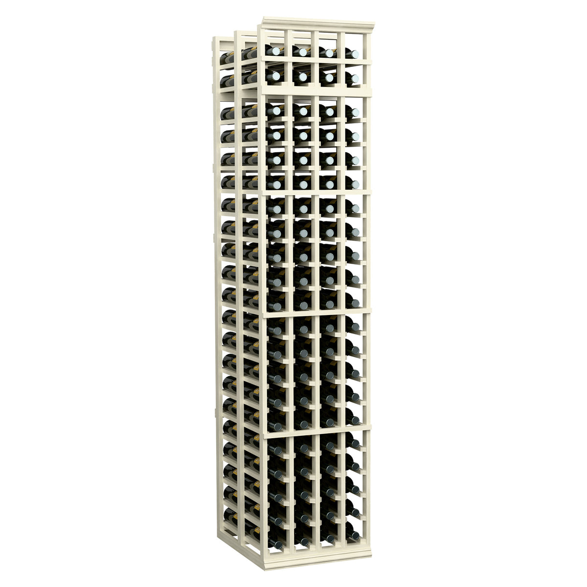 4-column double-deep wine bottle rack, 7 ft tall, very light finish, bottle storage columns.