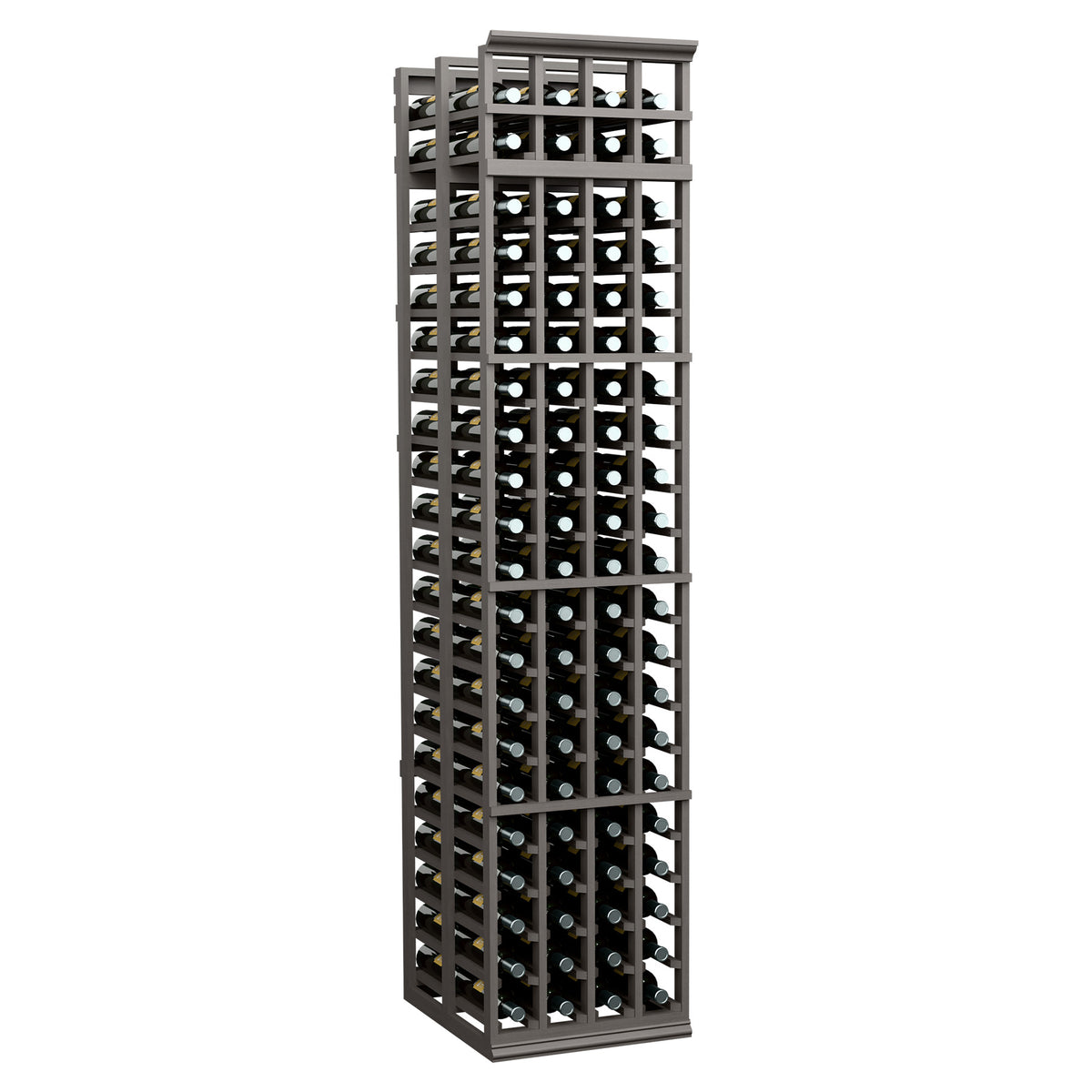 Dark wine bottle rack with grid dividers and four columns, double-deep storage