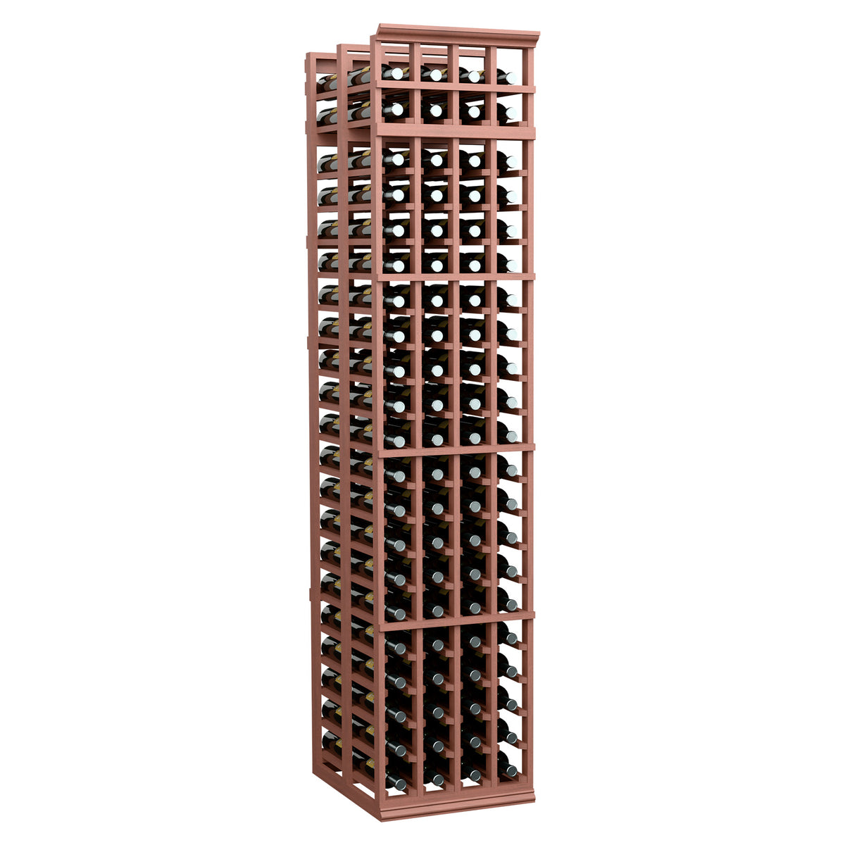 Red-brown wine bottle rack with four columns and double-deep bottle storage