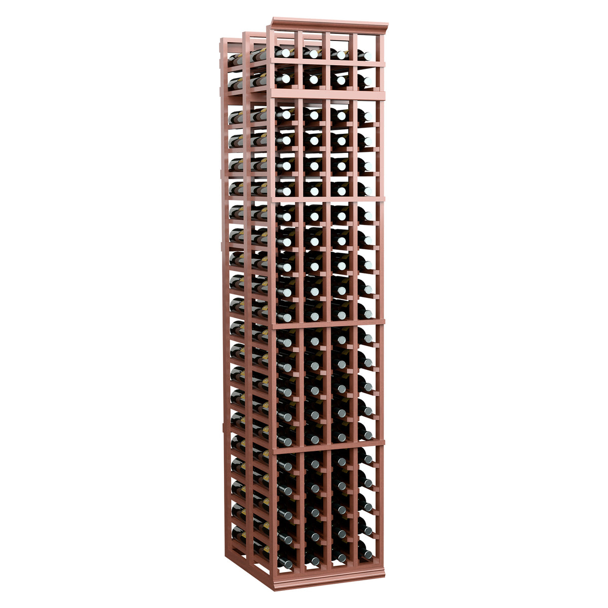 Brown wine bottle rack with grid dividers, four columns, double-deep bottle slots