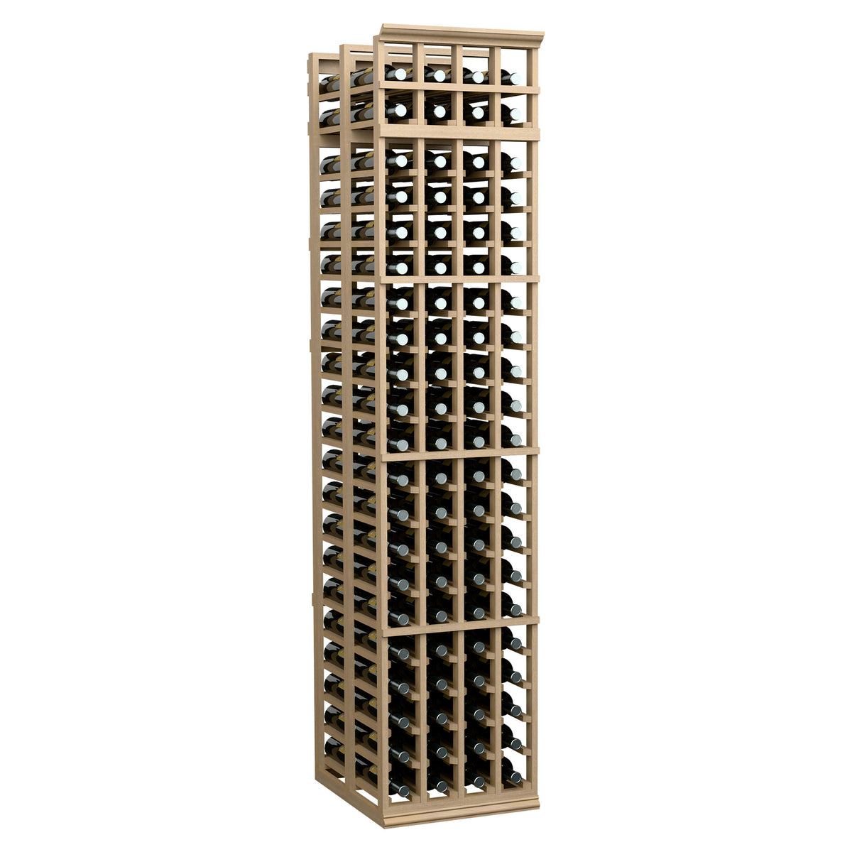 Light wood wine bottle rack with four columns and double-deep storage grid