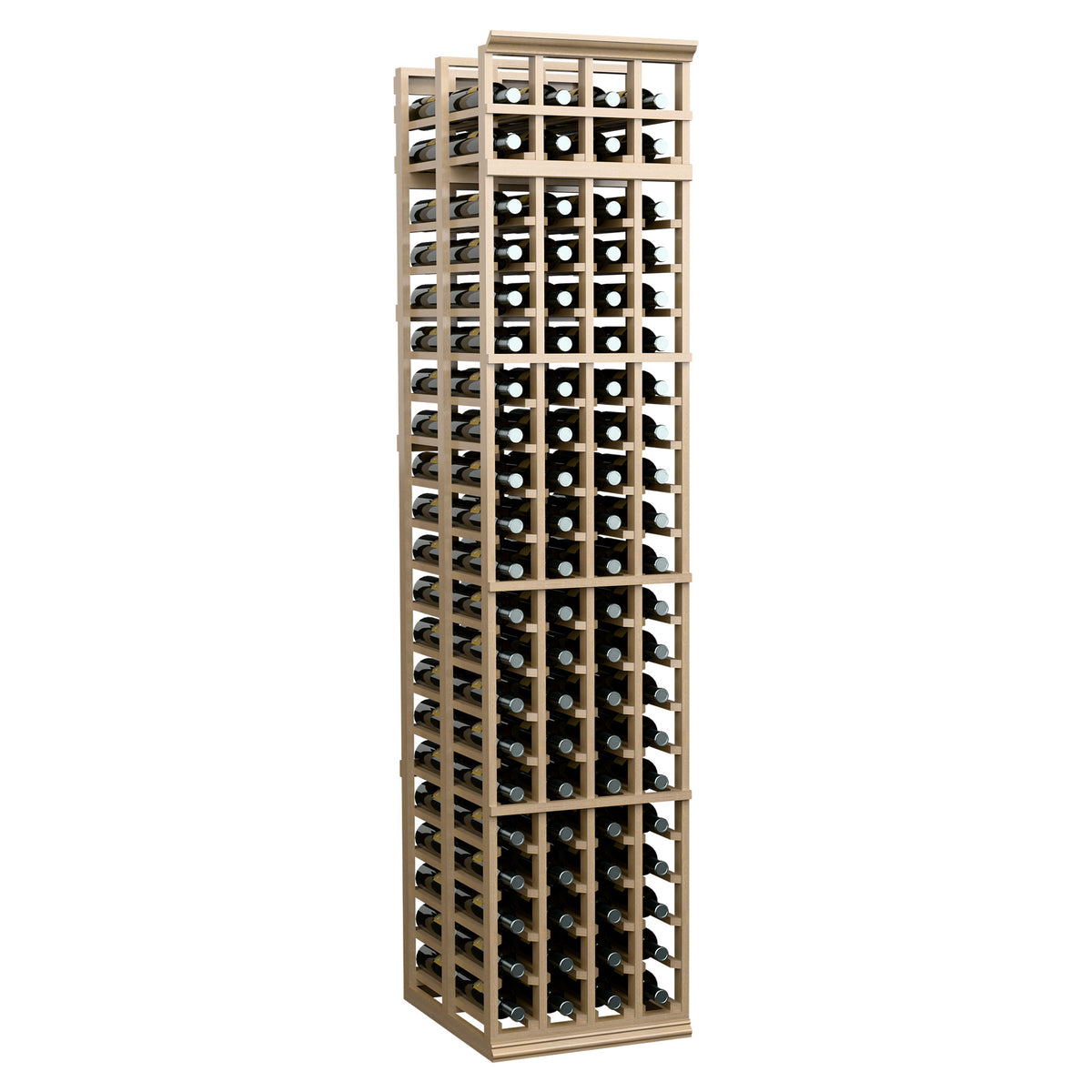 Natural wood wine bottle rack with four columns and double-deep bottle compartments