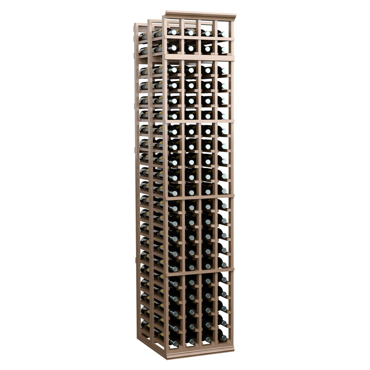 Light wood wine bottle rack with open grid shelves for four columns, double-deep
