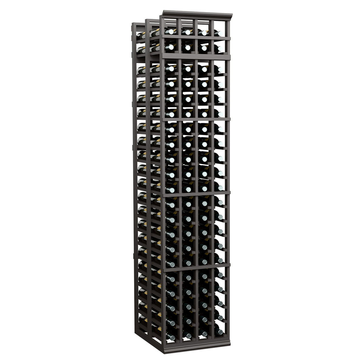 Black wine bottle rack with grid dividers, four columns, double-deep bottle storage