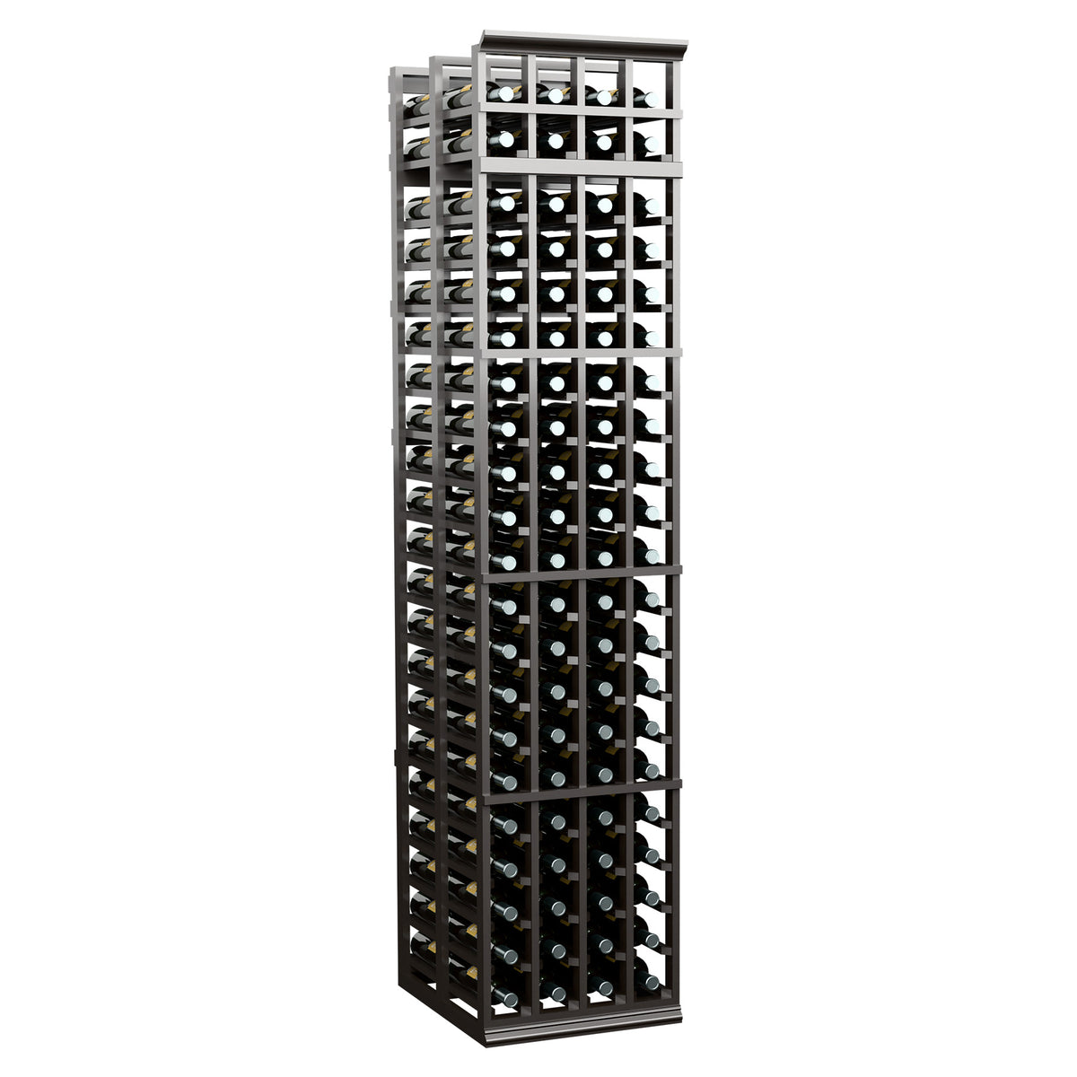 Gray wine bottle rack with four columns, double-deep dividers for bottle storage
