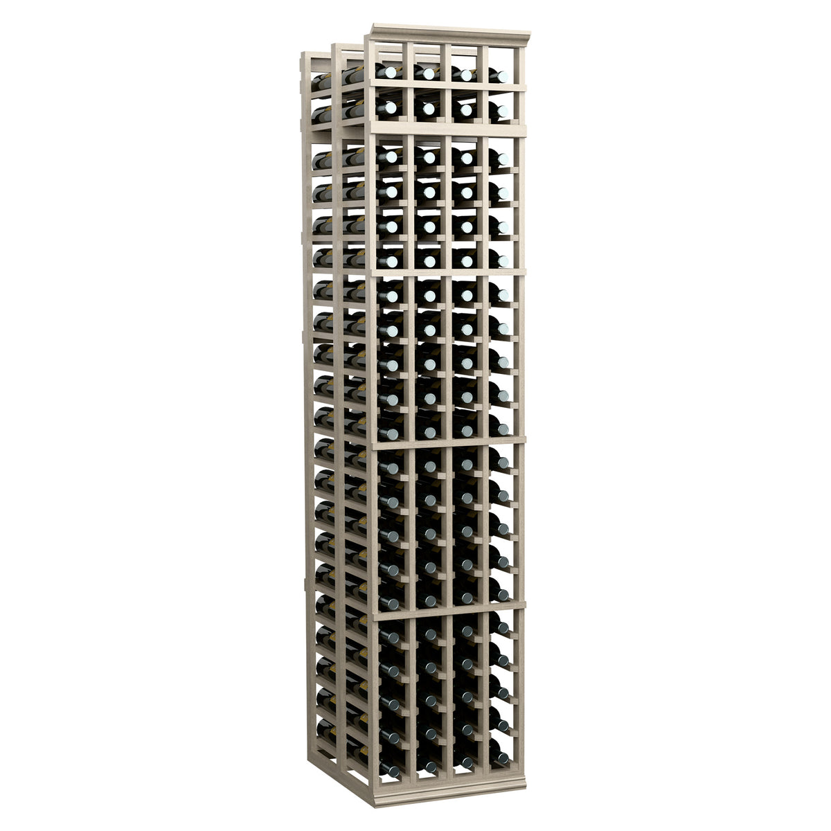 Tall light gray wood 4-column wine bottle rack, full front grid of bottle slots