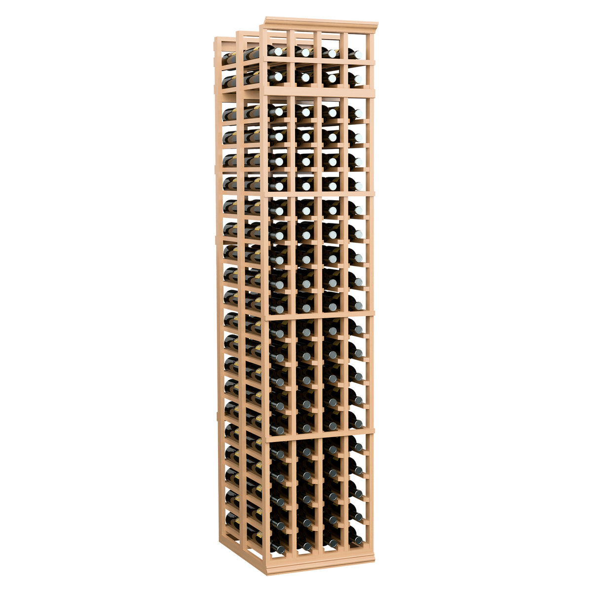 Tall natural wood 4-column wine bottle rack, open lattice front with bottle rows