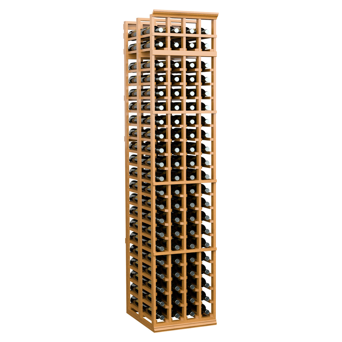 Tall honey-colored wood 4-column wine bottle rack, open lattice with bottle slots