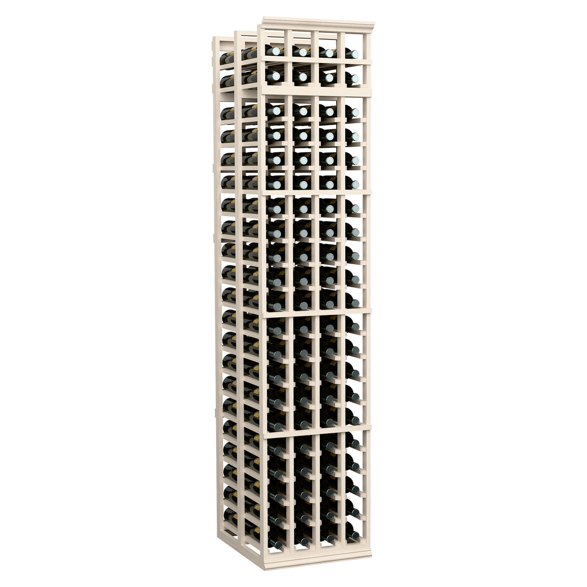 Tall white wood 4-column wine bottle rack with front grid holders for bottles