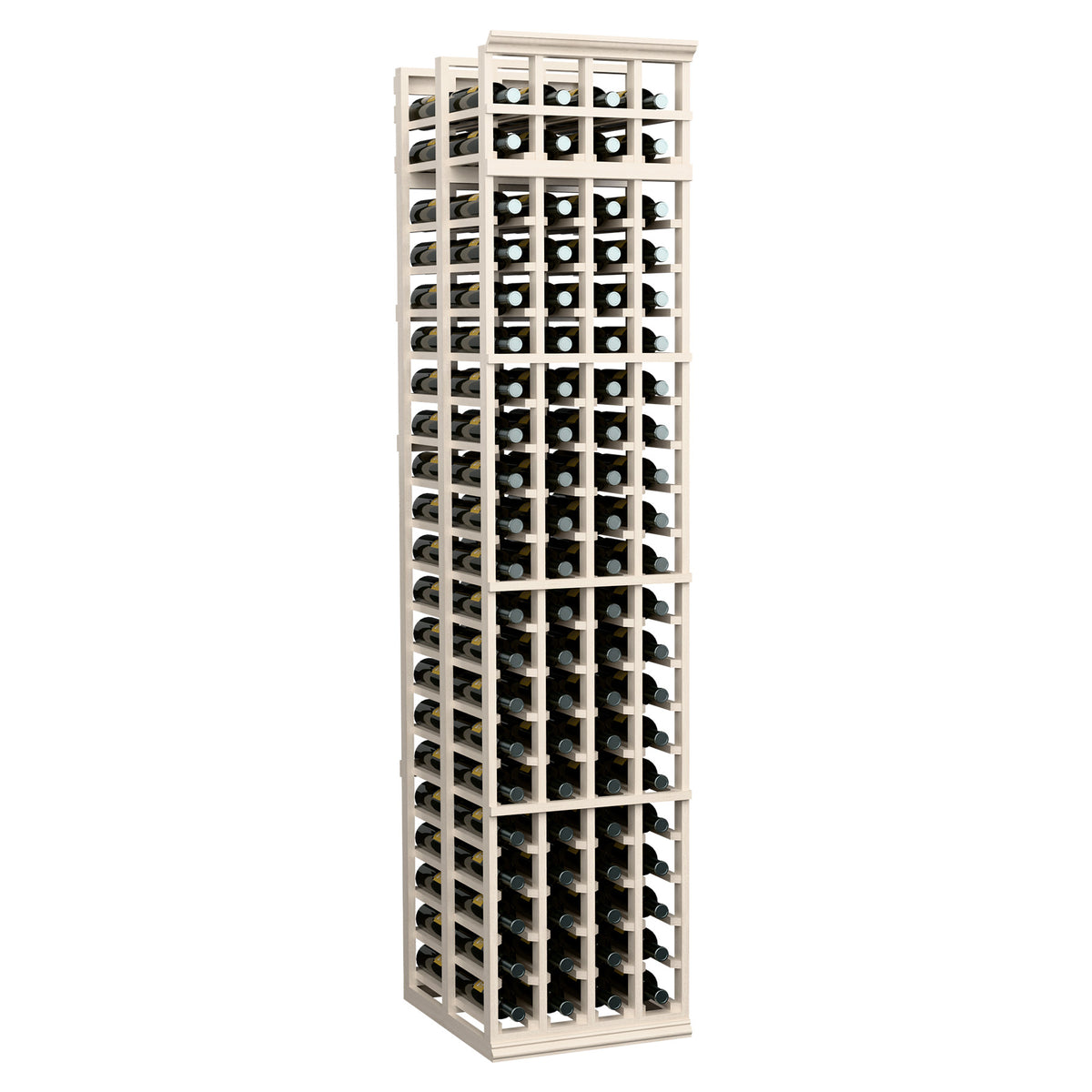 Tall white wood 4-column wine bottle rack, visible bottle rows in front lattice