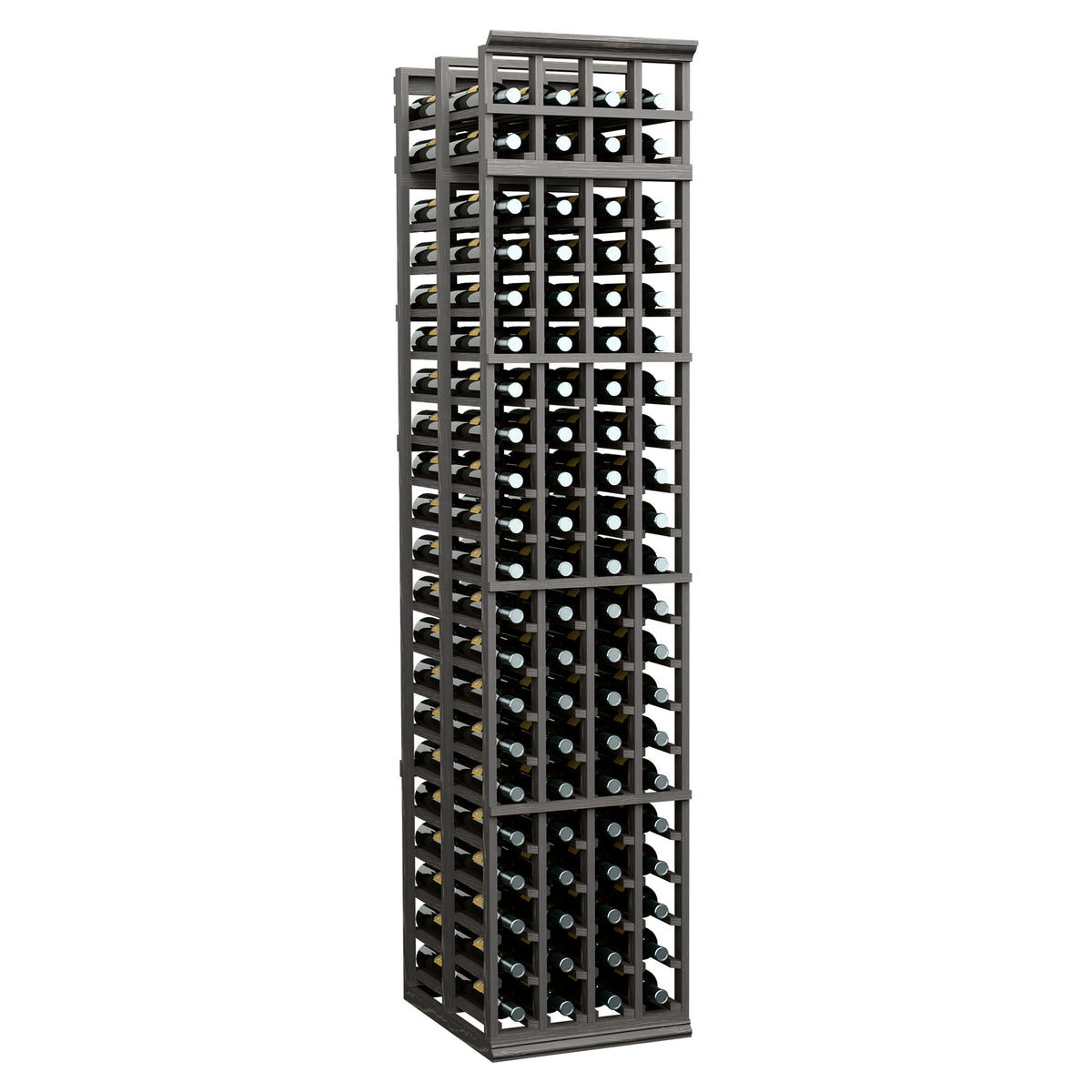 Dark wine bottle rack with 4-column lattice design, holds many bottles upright