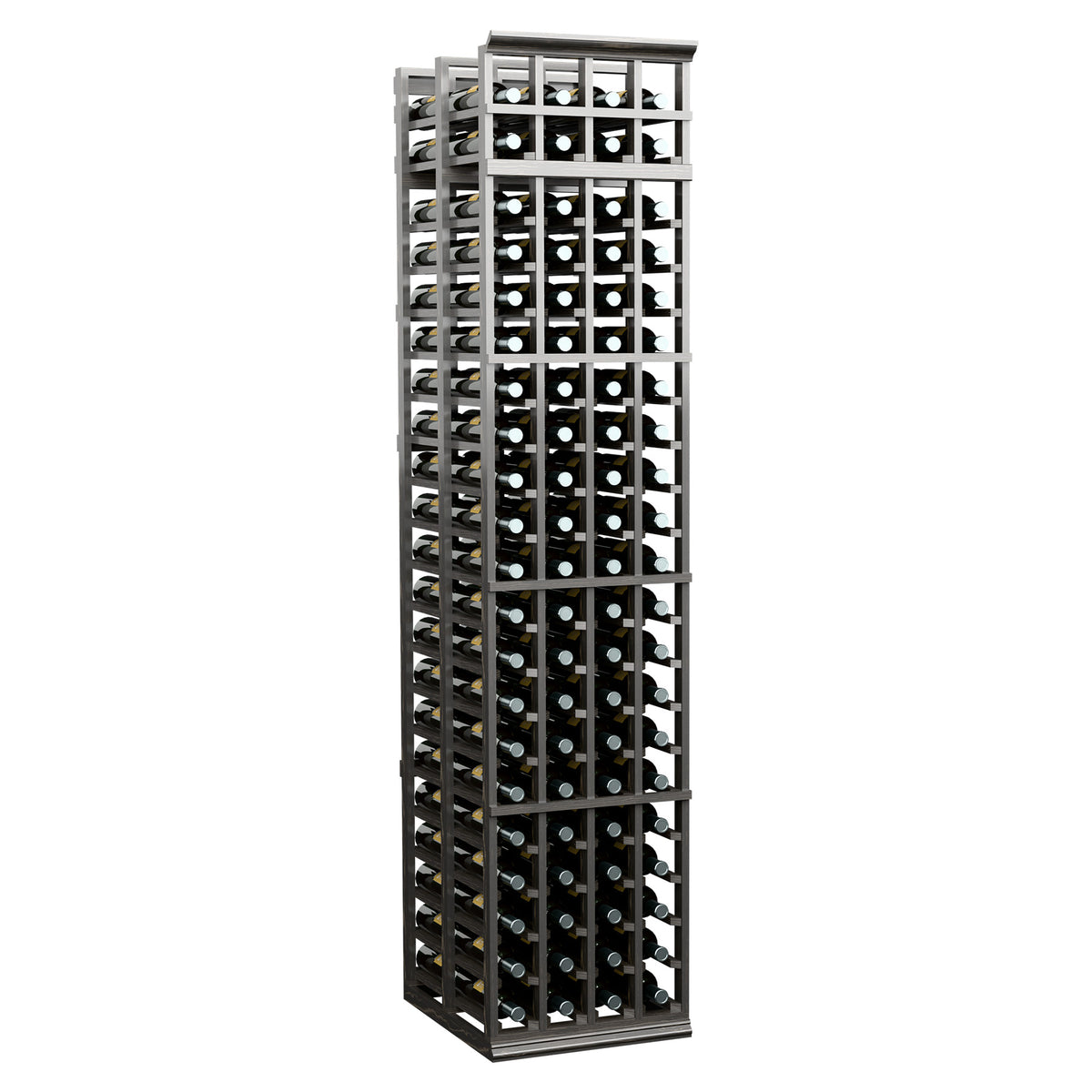Dark wine bottle rack with 4-column grid, stores bottles upright in rows