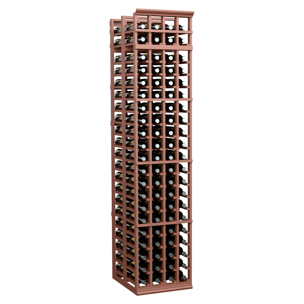 Red-brown wine bottle rack with 4-column lattice frame, bottles stored upright