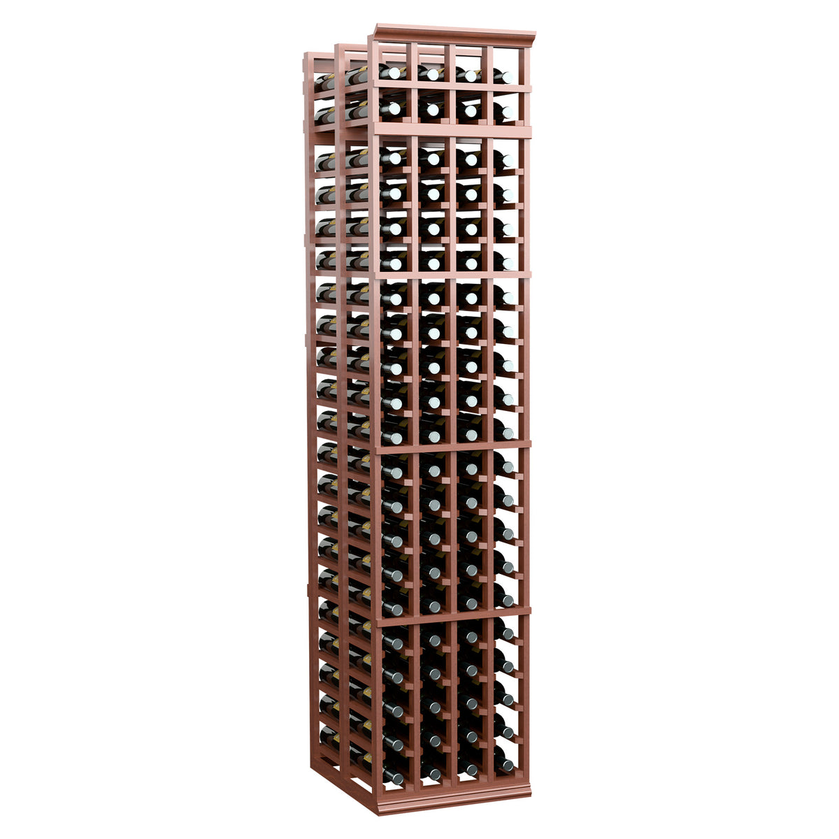 Red-brown wine bottle rack with 4-column grid, multiple bottle slots for storage