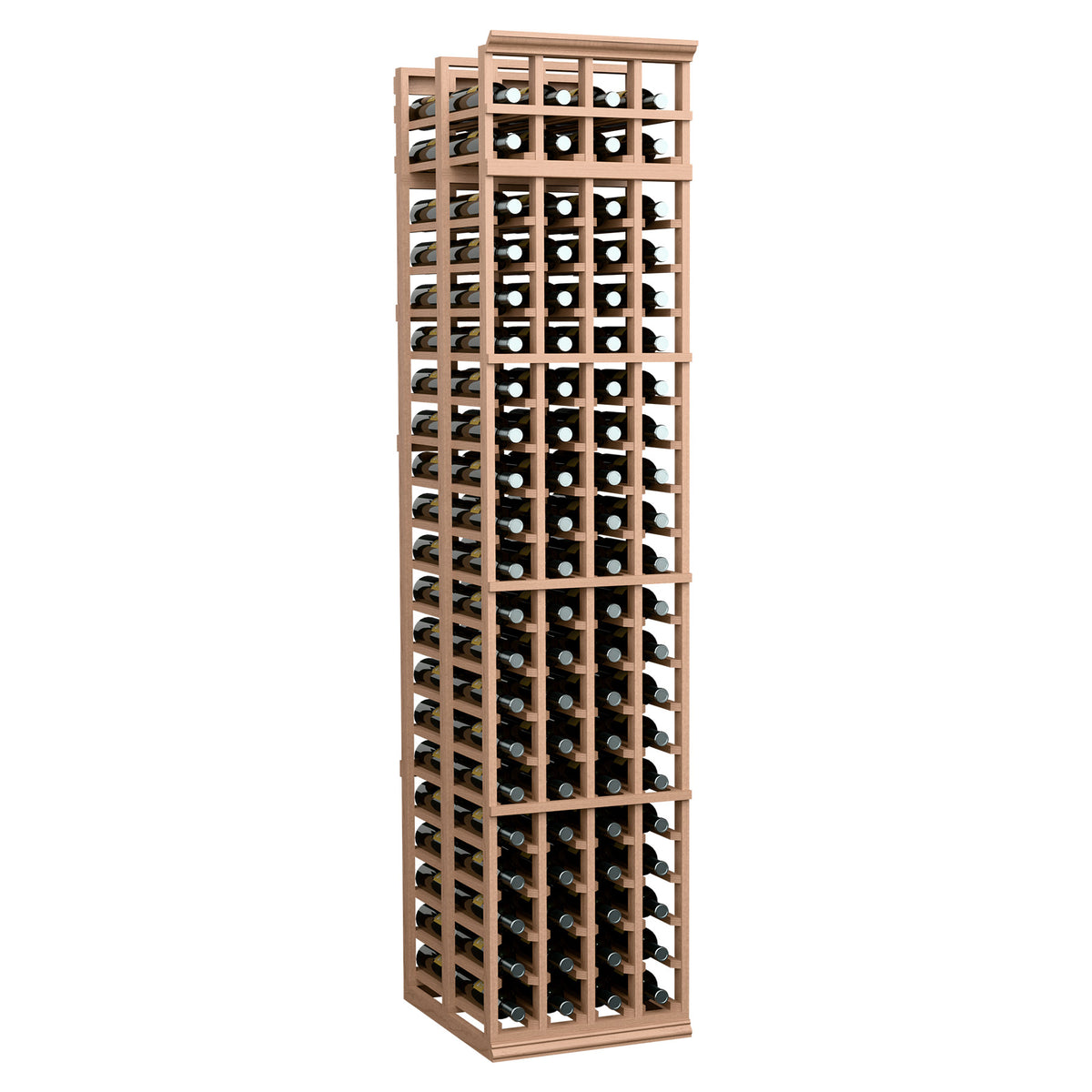 Light brown wine bottle rack with 4-column lattice frame, bottles stored upright