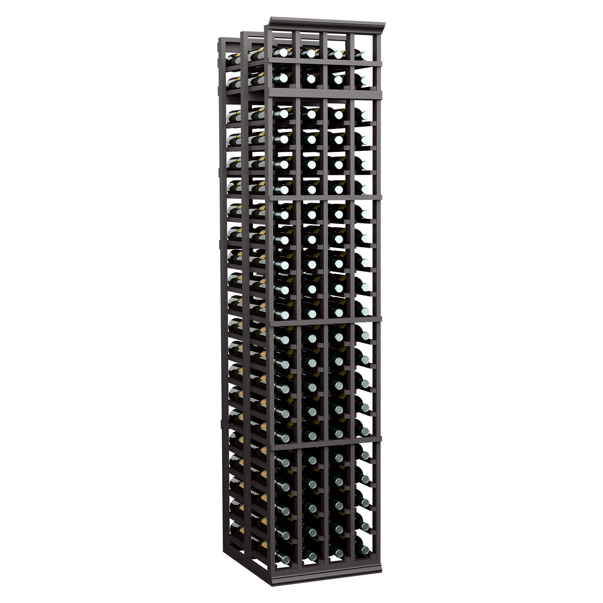 Dark wine bottle rack with 4-column lattice frame, stores bottles upright