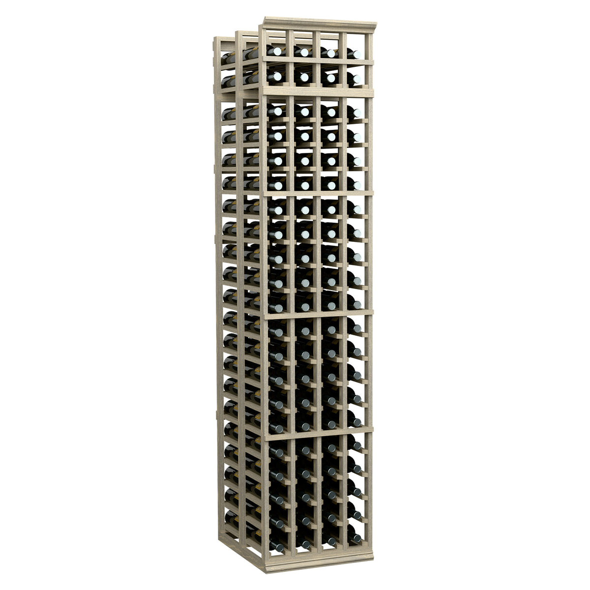 Light wood double-deep wine rack with black bottle slots and vertical grid frame