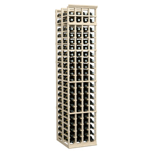 Tall light wood double-deep wine rack with repeating bottle compartments