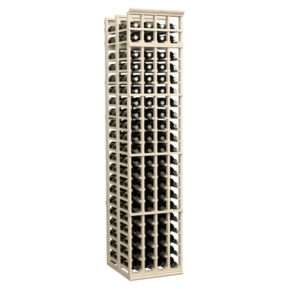 Tall light wood double-deep wine rack with repeating bottle compartments