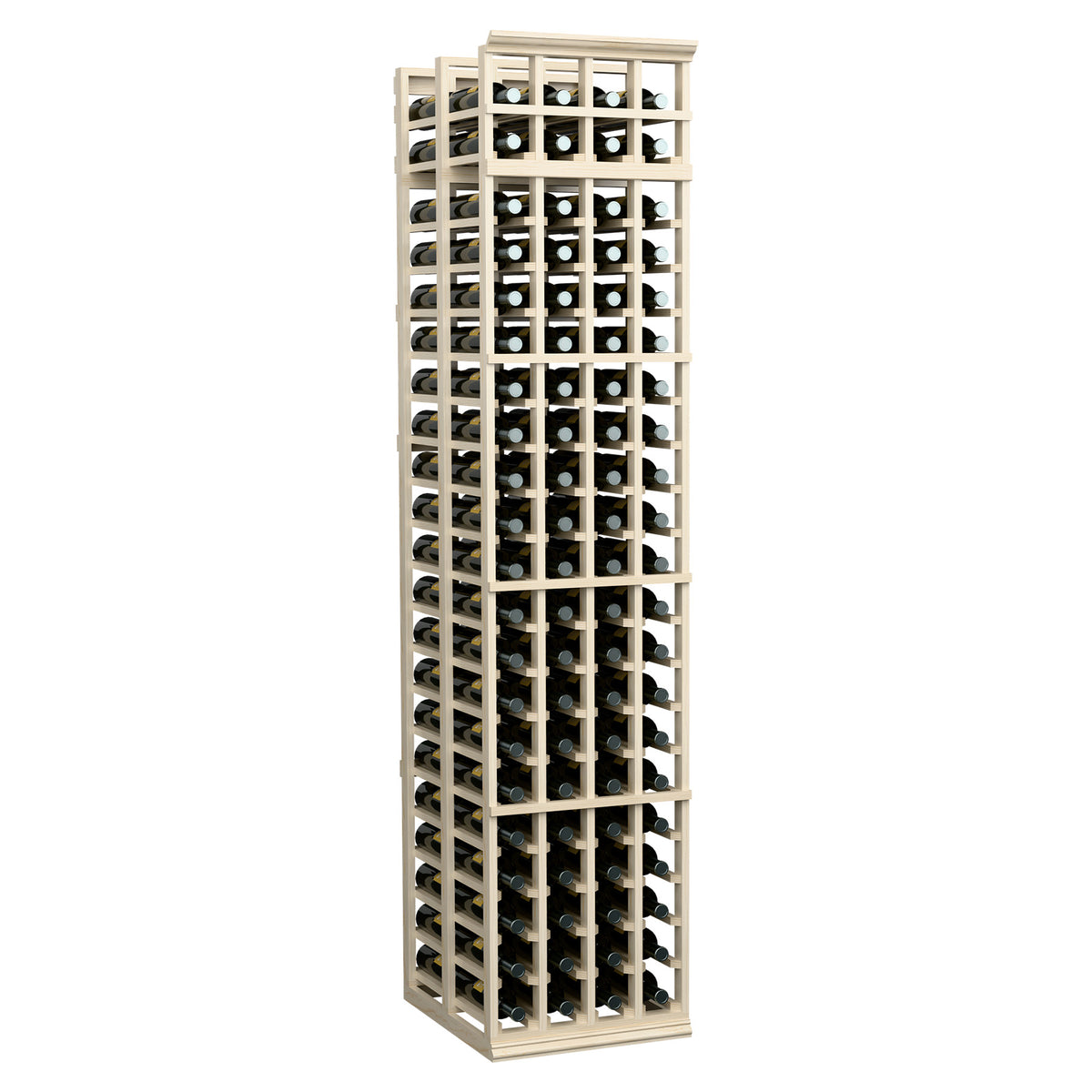 Light wood double-deep wine rack with square front openings for wine bottles
