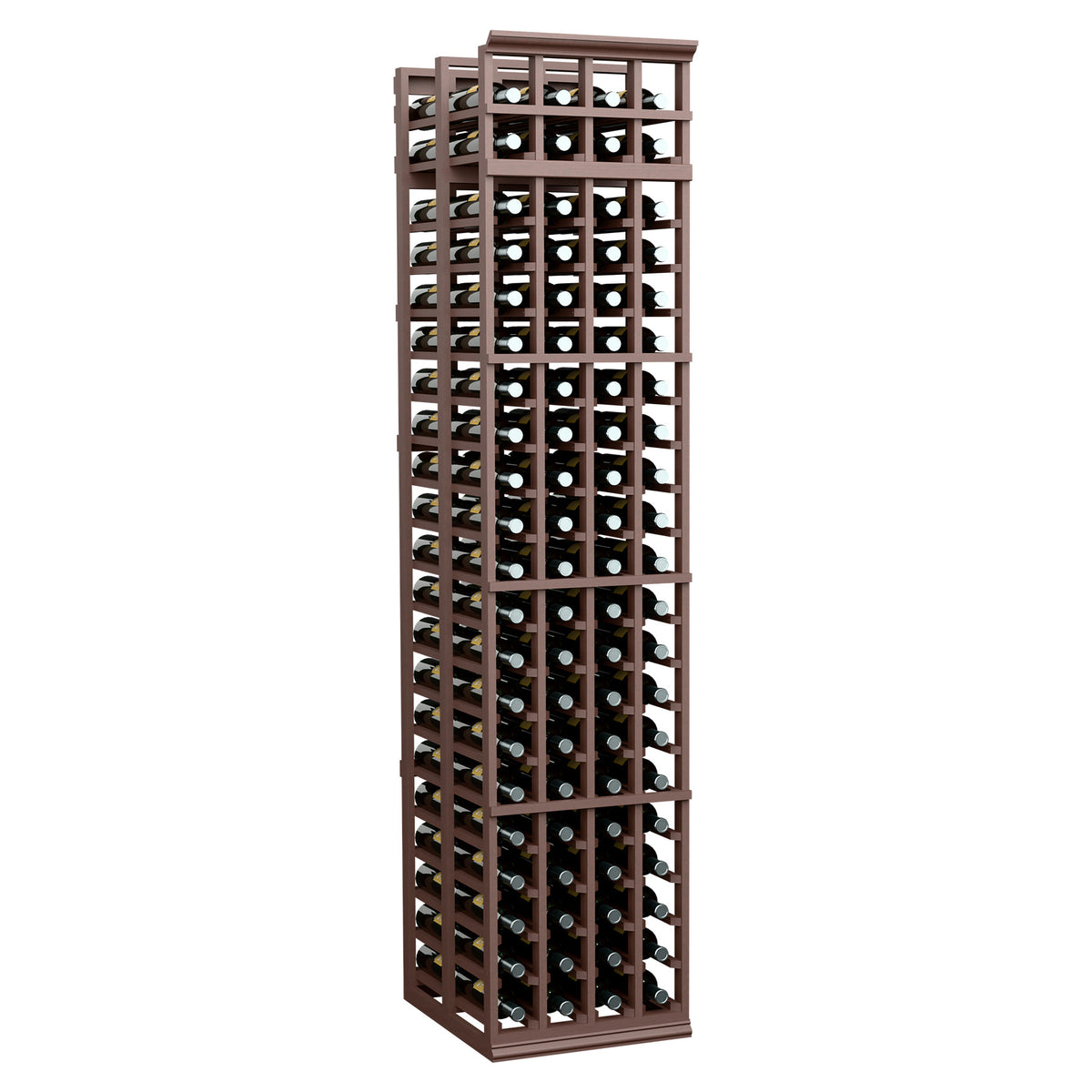 Dark wood double-deep wine rack with front grid and bottle-holding openings