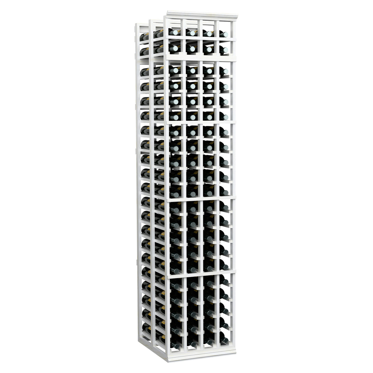 White double-deep wine rack with vertical rows of bottle-holding holes