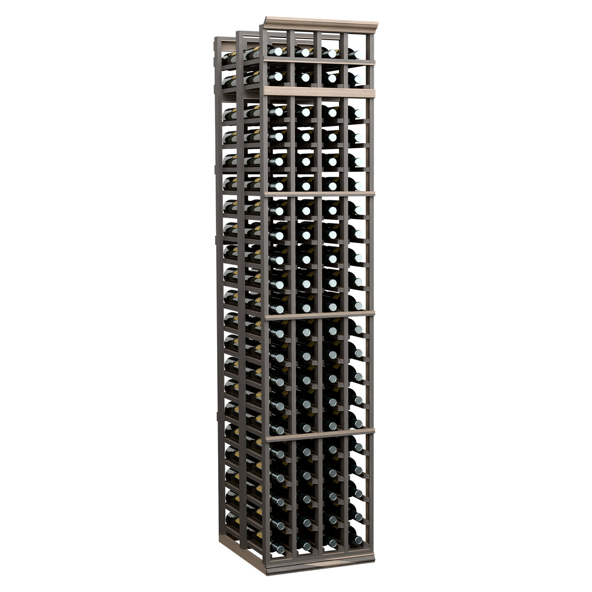 4-column double-deep wine bottle rack, dark wood frame with black wire lattice