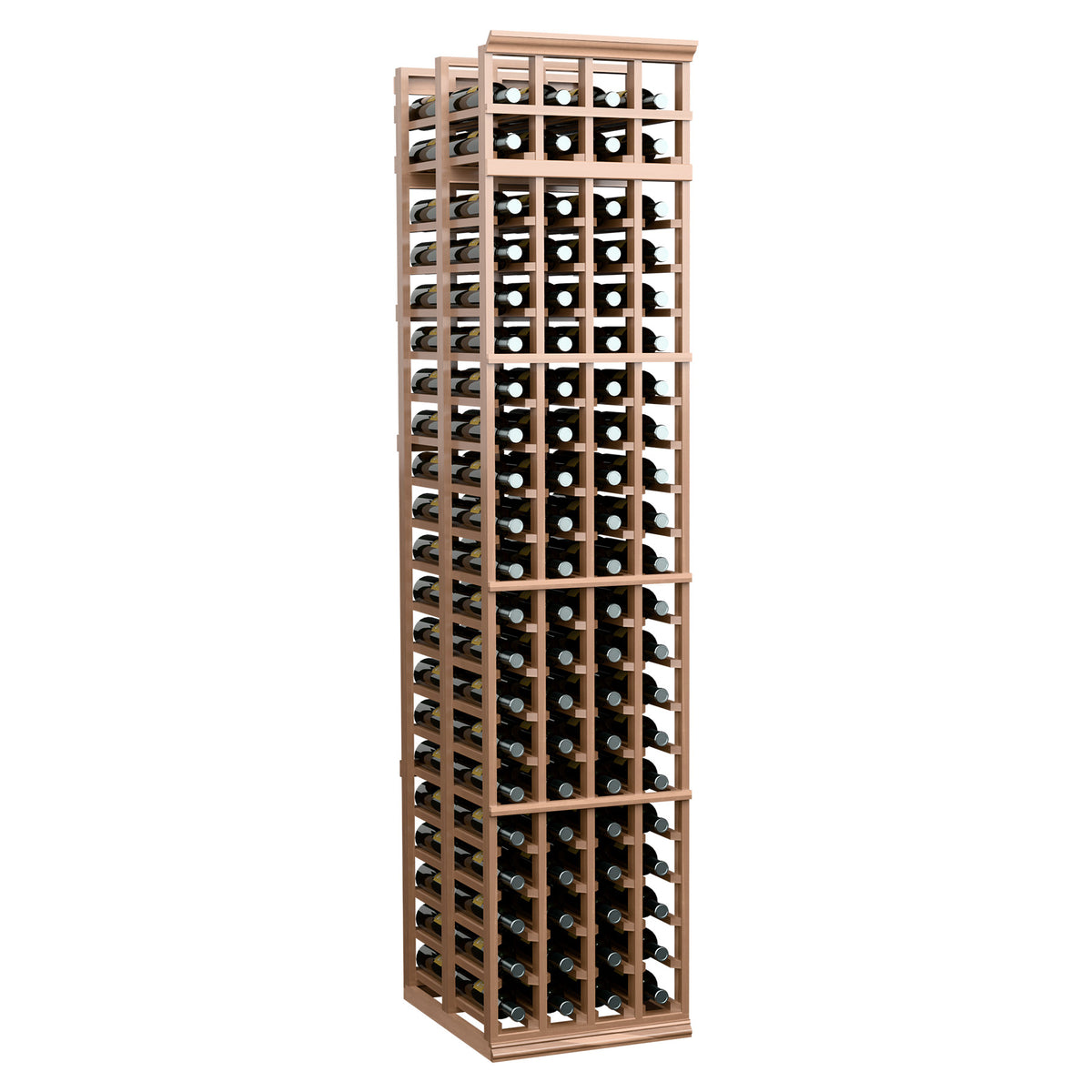 4-column double-deep wine bottle rack, light wood frame holding wine bottles