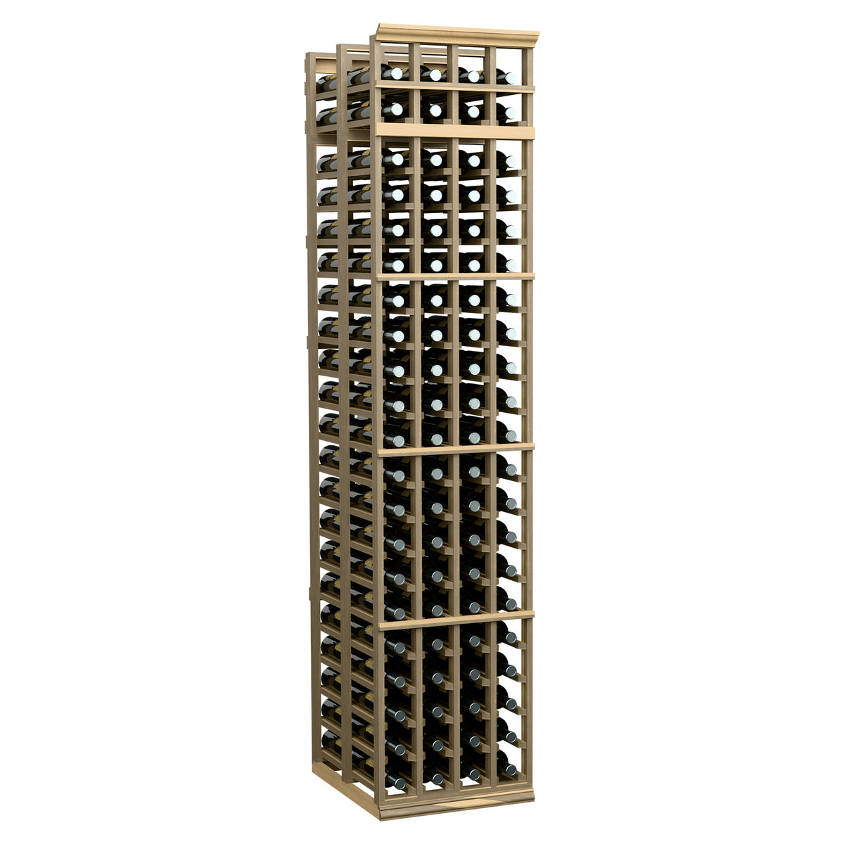 4-column double-deep wine bottle rack, pale wood frame with wine bottle compartments
