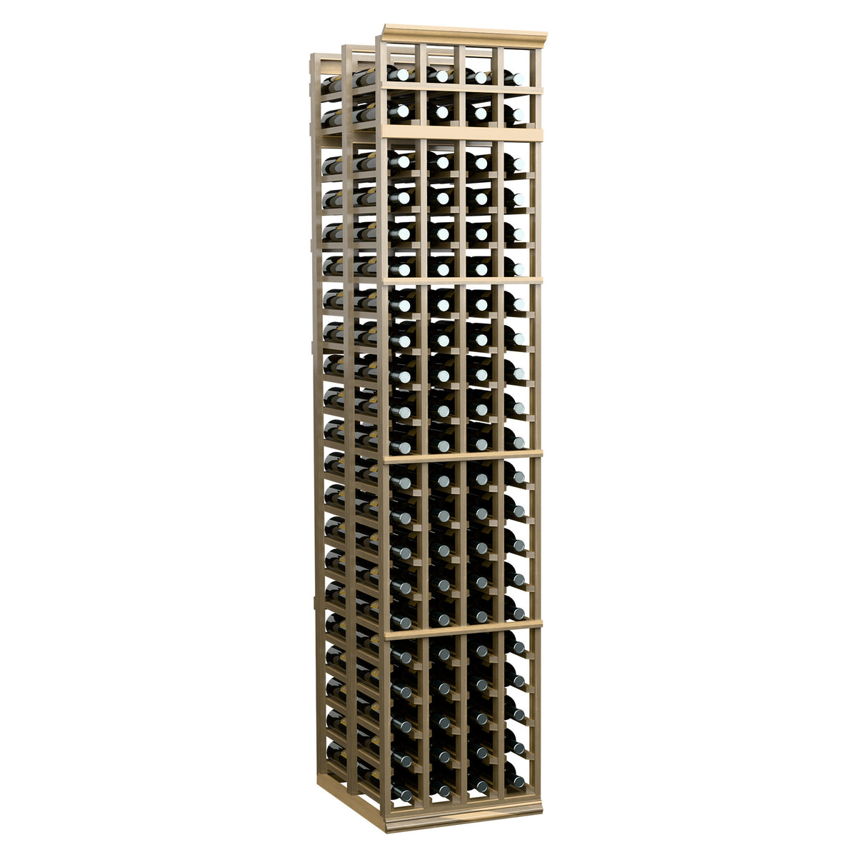 4-column double-deep wine bottle rack, pale wood lattice frame with bottle storage