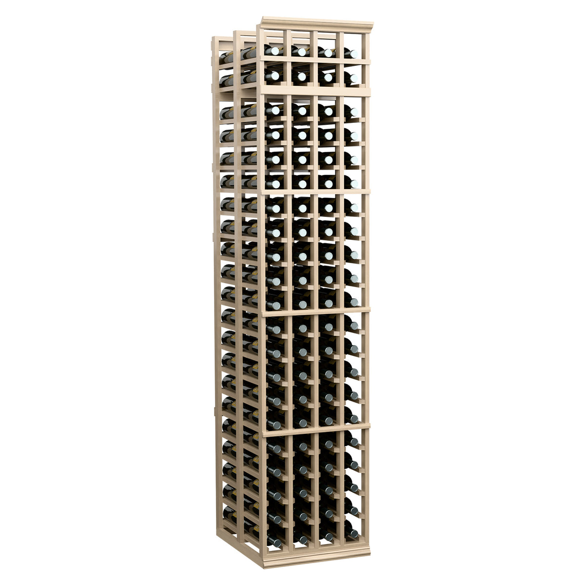 Light wood 7-ft double-deep 4-column wine rack with tall front bottle openings