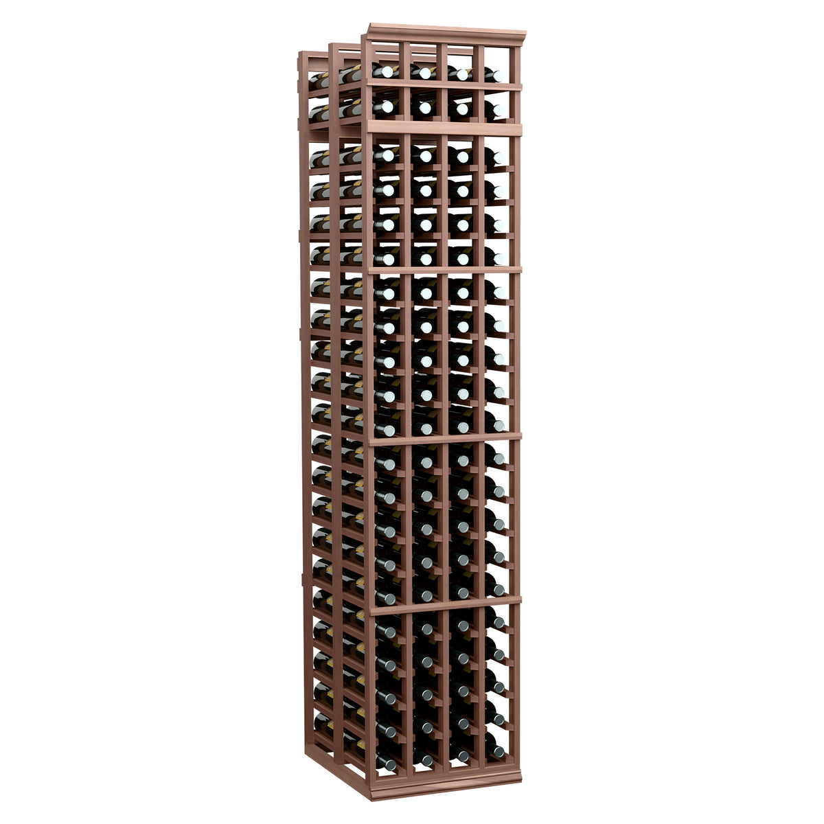Dark wood 7-ft double-deep 4-column wine rack with tightly spaced bottle slots