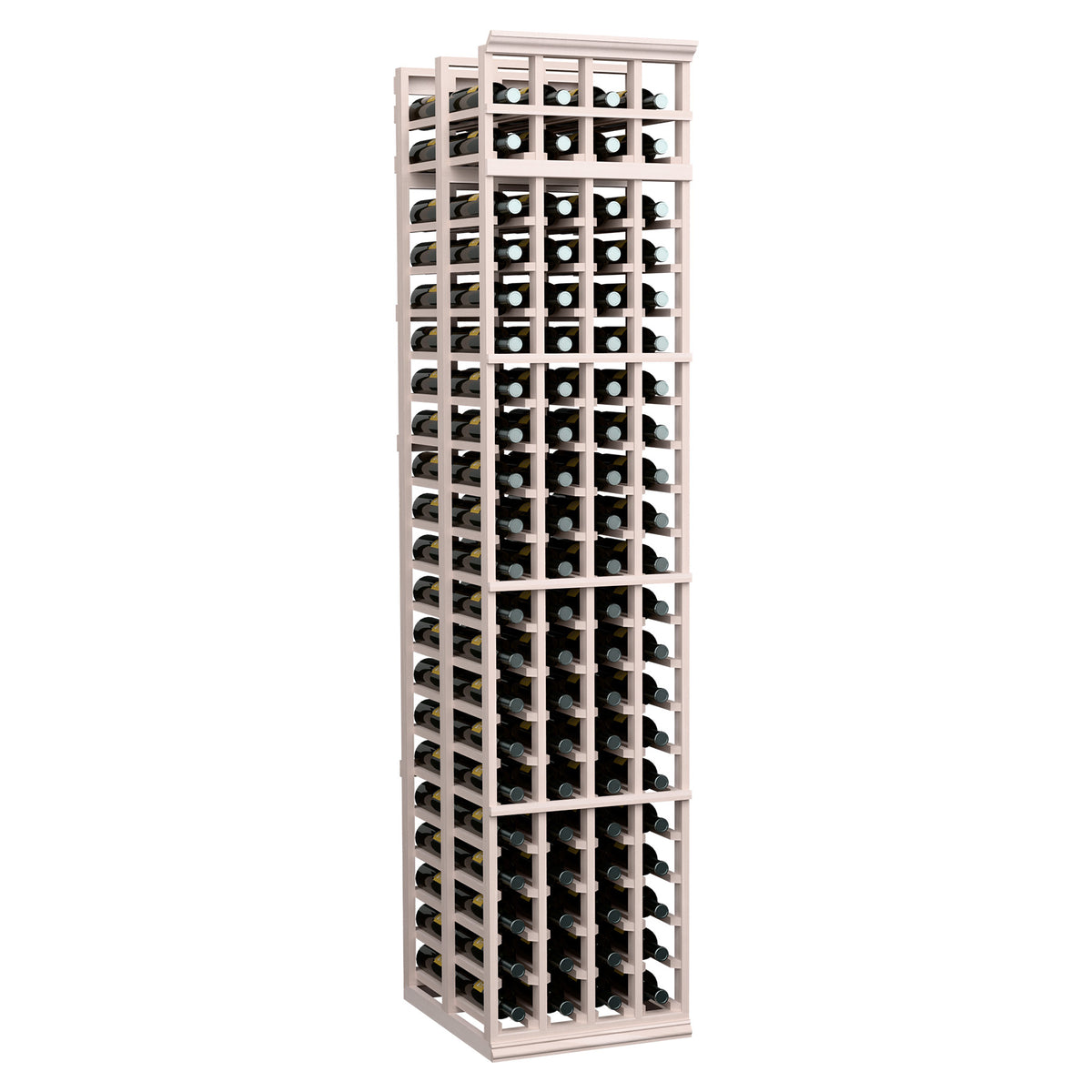 Grey-stained wood 7-ft double-deep 4-column wine rack with bottle compartments