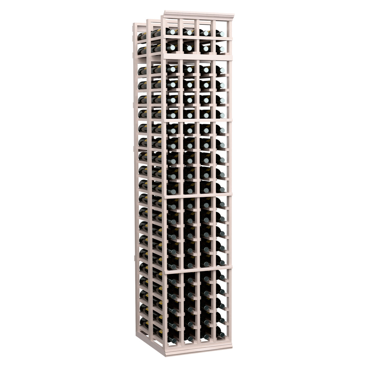 Grey-stained wood 7-ft double-deep 4-column wine rack with front lattice slats