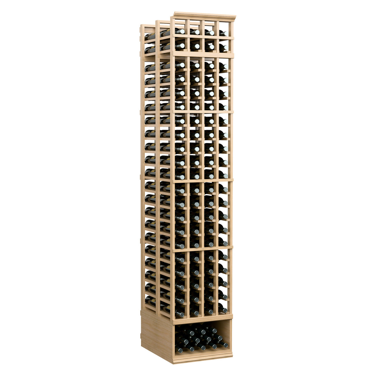 8FT 4-column double deep wine rack with light wood posts and wine bottle holders