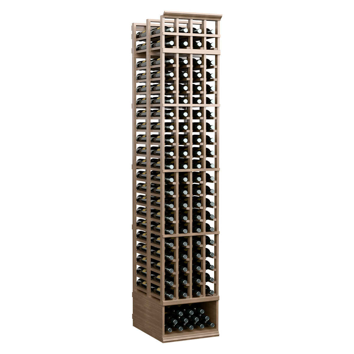 8FT 4-column double deep wine rack with light wood frame and filled bottle cubbies