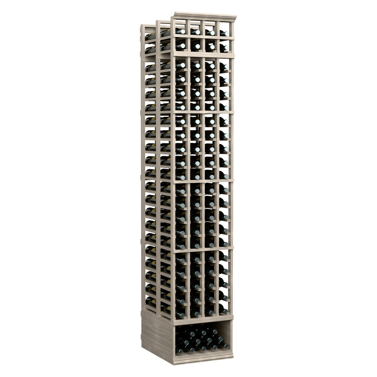 Grey-finished wooden wine storage rack with 4 columns and a bottle-ready lower shelf