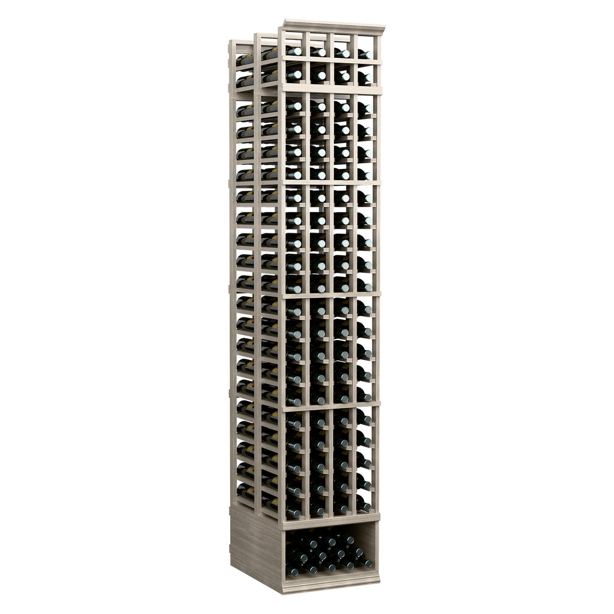 Grey wooden wine storage rack with 4 columns and wine bottle slots, plus lower tray
