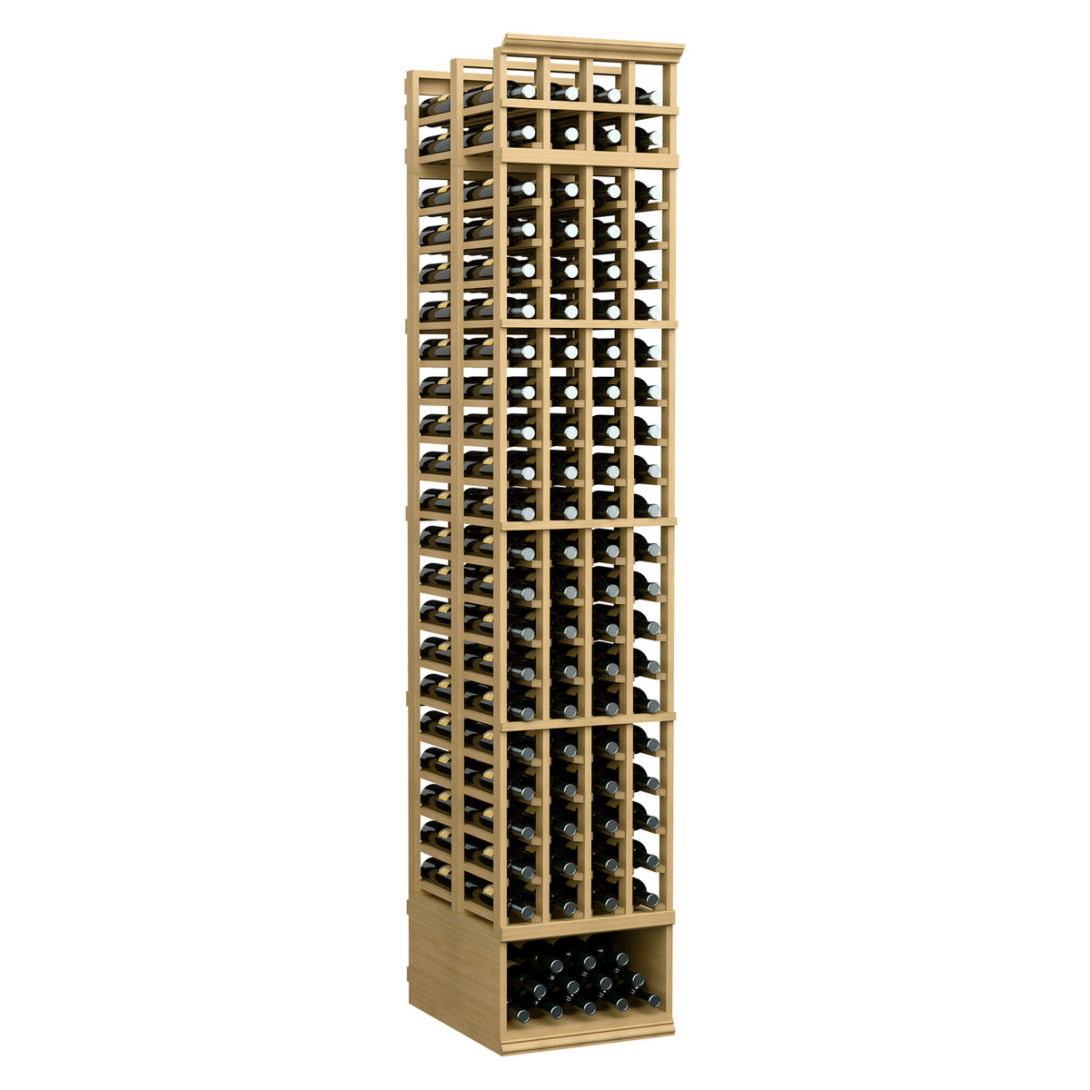 Light wood wine storage rack with 4 columns, bottle slots, and a front lower shelf